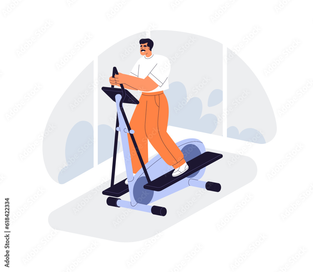 Wall mural man exercising on elliptical machine. healthy active person training endurance, running on cross-tra