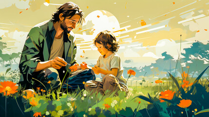 father and sun playing in a field in watercolor design

