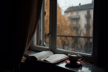 cup of coffee book on window sill in autumn. generative ai