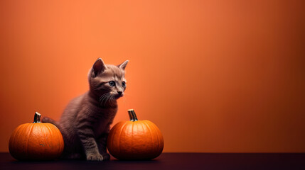 Tabby cat with pumpkin, interior colorful setting in orange and purple. Kitty and squash on floor, interior minimalist illustration. Invitation for celebration. Harvest, fall, Halloween.