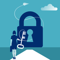 Businesswoman in suit standing in front of keyhole with key in hand. Solution to problem business concept. Female looks open opportunities. Male walking go to goal. Vector flat design.