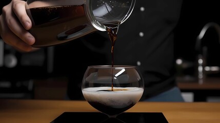 Person is carefully pouring a hot cup of coffee into a glass - An AI generated illustration