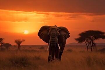 Elephant on sunset in national park, generative ai