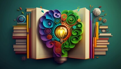 the open book is decorated with colorful paper art shapes and books, and there are