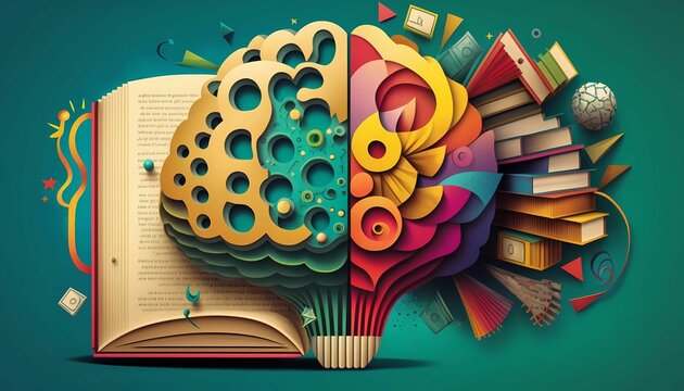 AI generated illustration of an open book with a paper art brain on top and colorful books
