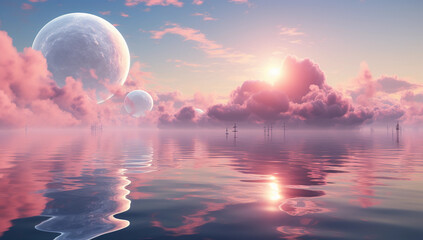 Two moons and the sun floating in the sky and clouds over the calm sea waters, light white and pink colors, calm waters, dreamlike concept.