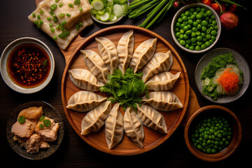 Close-up top view of ingredients Classic Gyoza Pork, Japanese food. AI Generated.
