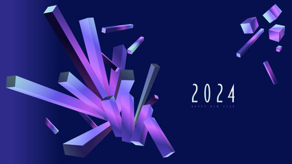 Abstract 3D vector illustration for 2024 New Year with cube and cuboid elements on an isolated blue background - 618423947
