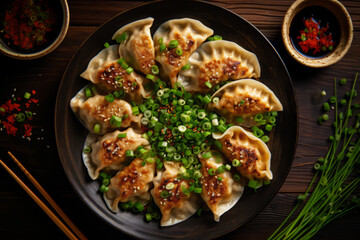 Close-up top view of ingredients Classic Gyoza Pork, Japanese food. AI Generated.