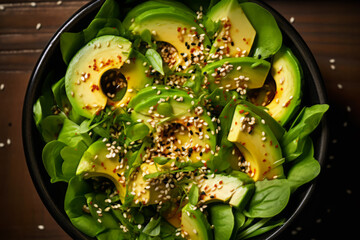Close-up top view of ingredients Avocado Salad, Japanese food. AI Generated.