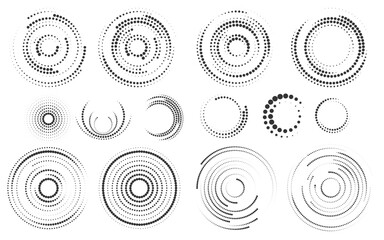 Set of halftone round dotted frames. Design element for frame, logo, web pages, prints, posters, template.