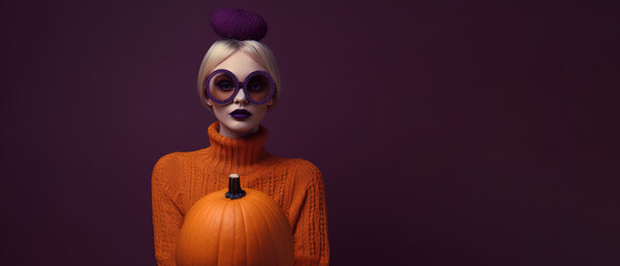 Girl celebrating Halloween, orange and violet, purple colors. Space for your text. Minimalistic luxury setting. Invitation for party. Harvest and fall seaon. - obrazy, fototapety, plakaty