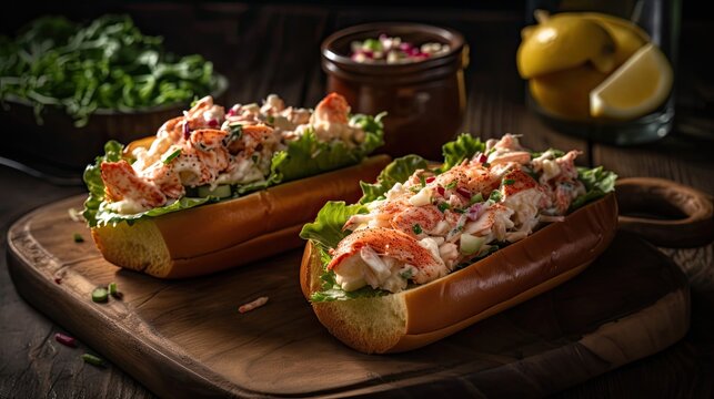 Lobster Rolls full of chunks of lobster meat and vegetables on a wooden plate