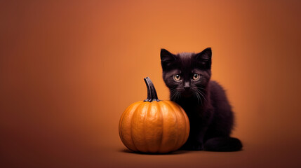 Black cat with pumpkin, interior colorful setting in orange and black. Kitty and squash on floor, interior minimalist illustration. Invitation for celebration. Harvest, fall, Halloween.