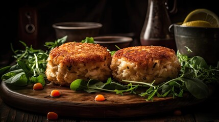 close up maryland crab cakes with chopped greens on a wooden plate with a blurred background - obrazy, fototapety, plakaty