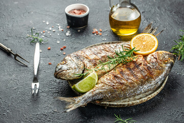 Delicious dorado baked on a grill, Detox and clean diet concept. place for text, top view