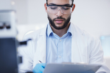 Results, man or scientist writing research notes for analysis on experiment, information or innovation. Biologist, biotechnology or researcher in a laboratory with documents for science development