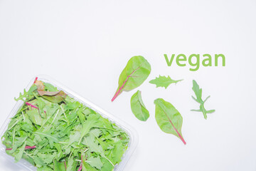 Arugula, chard, mizuna microgreens on white background/ Healthy food concept