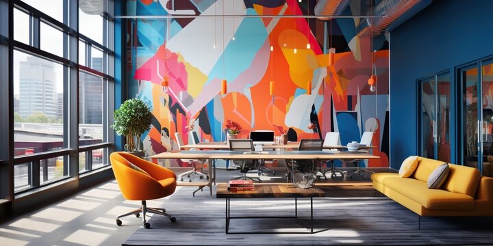 In A Colorful Office, Desks And Chairs Are Neatly Arranged, But There Is Nobody In Sight. The Vibrant Atmosphere Awaits The Hustle And Bustle Of A Busy Workday. Generative AI