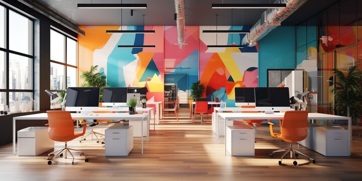 In A Colorful Office, Desks And Chairs Are Neatly Arranged, But There Is Nobody In Sight. The Vibrant Atmosphere Awaits The Hustle And Bustle Of A Busy Workday. Generative AI