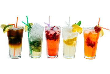 Various chilled drinks in tall glasses. Carbonated sweet drinks, mojito, berry lemonade, cola,...