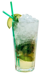 Mojito cocktail with lemon and mint in a tall glass with ice - 618426576
