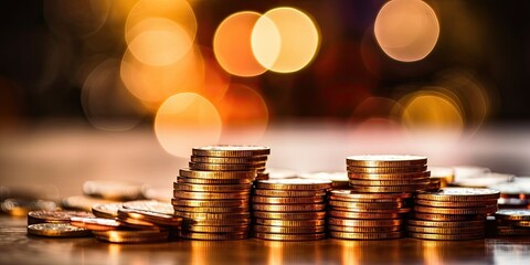 Bokeh blurred background with money business. Investment and finance concept with stack golden coins