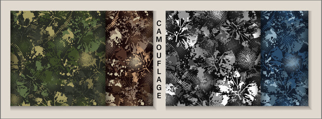 Set of 3 seamless camouflage patterns with splattered paint, paint brush strokes, leaves, halftone shapes. Dense chaotic composition For apparel, fabric, textile, sport goods Grunge texture