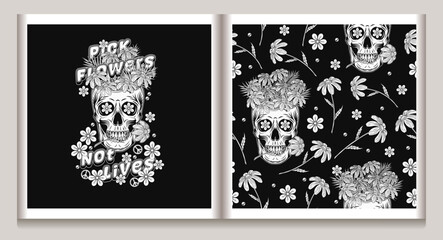 Pattern, label with human skull like cup full of flowers, chamomile, text. Anti war, peaceful concept. Groovy hippie retro style For clothing, apparel, T-shirts design