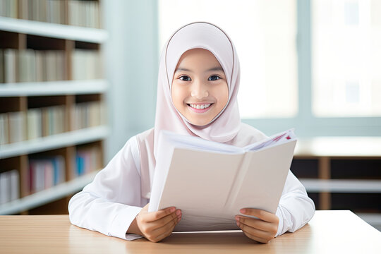 Hijab schoolgirl reading book in library