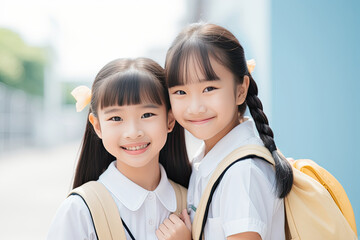 Two Asian schoolgirls smiling