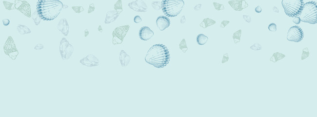 Ultramarine Scallop Background Gray Vector. Shell Doodle Texture. Nautical Illustration. Blue Seashell Aquatic Pattern.