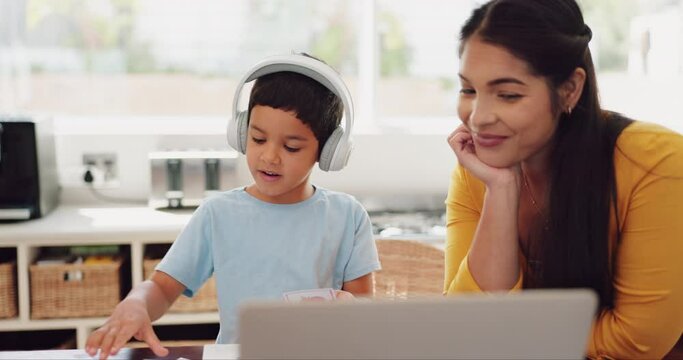 Mother, laptop or kid elearning for education, growth development or knowledge in online class at home. Headphones, mom or kindergarten boy student in an assessment test or studying on video call