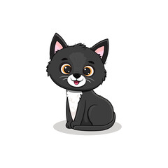Obraz premium cartoon black cat sits on a white background. Cute kitten in cartoon style. Illustration for postcard, banner, web, design, arts. 