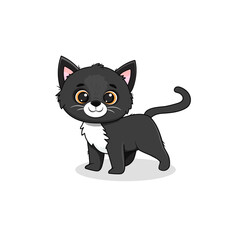 cartoon black cat on a white background. Cute kitten in cartoon style. Illustration for postcard, banner, web, design, arts.