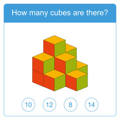 How many cubes are there brain test. Education logic game for preschool kids. Kids activity sheet. Count the number of cubes. Children funny riddle entertainment. Vector illustration