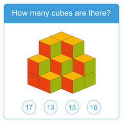 How many cubes are there brain test. Education logic game for preschool kids. Kids activity sheet. Count the number of cubes. Children funny riddle entertainment. Vector illustration