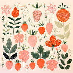 Watercolor illustration of fruits, plants and flowers