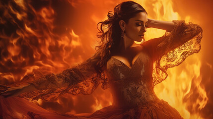 Naklejka premium Flamenco Dance Fiery Passion. A stunning Spanish woman gracefully dances flamenco, with burning flames in the background. Expression of passion and artistry concept. AI Generative
