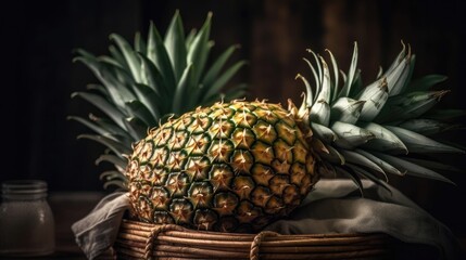 Closeup Pineapple Fruits in a bamboo basket with blur background
