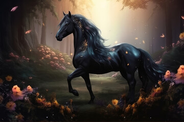 Obraz na płótnie Canvas A majestic legendary glowing Unicorn in a magical forest. Realistic unicorn, dream flowers, generative AI