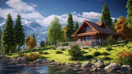 Fototapeta na wymiar Wooden cottage log cabin chalet house in mountain with beautiful river and conifer forest. Generative AI image illustration