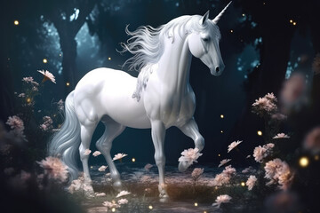 Obraz na płótnie Canvas A majestic legendary glowing Unicorn in a magical forest. Realistic unicorn, dream flowers, generative AI