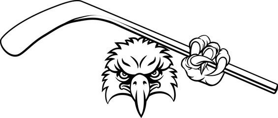 An eagle ice hockey player animal sports mascot holding a hockey stick