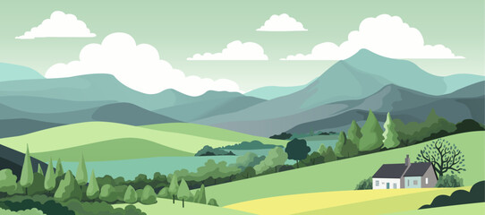 A rural landscape background of rolling hills and mountains. Fields, farm land and trees with a cottage or farmers house.