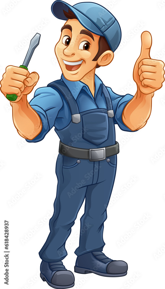 Poster An electrician handyman or other construction cartoon mascot man holding a screwdriver tool.