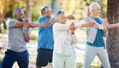 Fitness, group and senior people stretching before a exercise in an outdoor park or nature. Sports,...