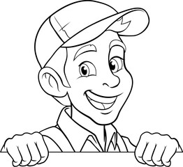 A painter, handyman, mechanic, plumber or other construction cartoon mascot man in overall dungarees. Peeking over a sign