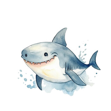 Happy Shark Underwater Ocean Animal - Cute Hand Painted Style - Childish Watercolor Drawing - Fairy Tale Fantasy - Generative AI