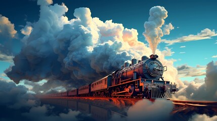 The train takes off from the rail into the sky. Cartoon style characters Design. Concept Art Scenery. Book Illustration Video Game Scene. Serious Digital Painting. CG Artwork Background. Generative AI - 618429112